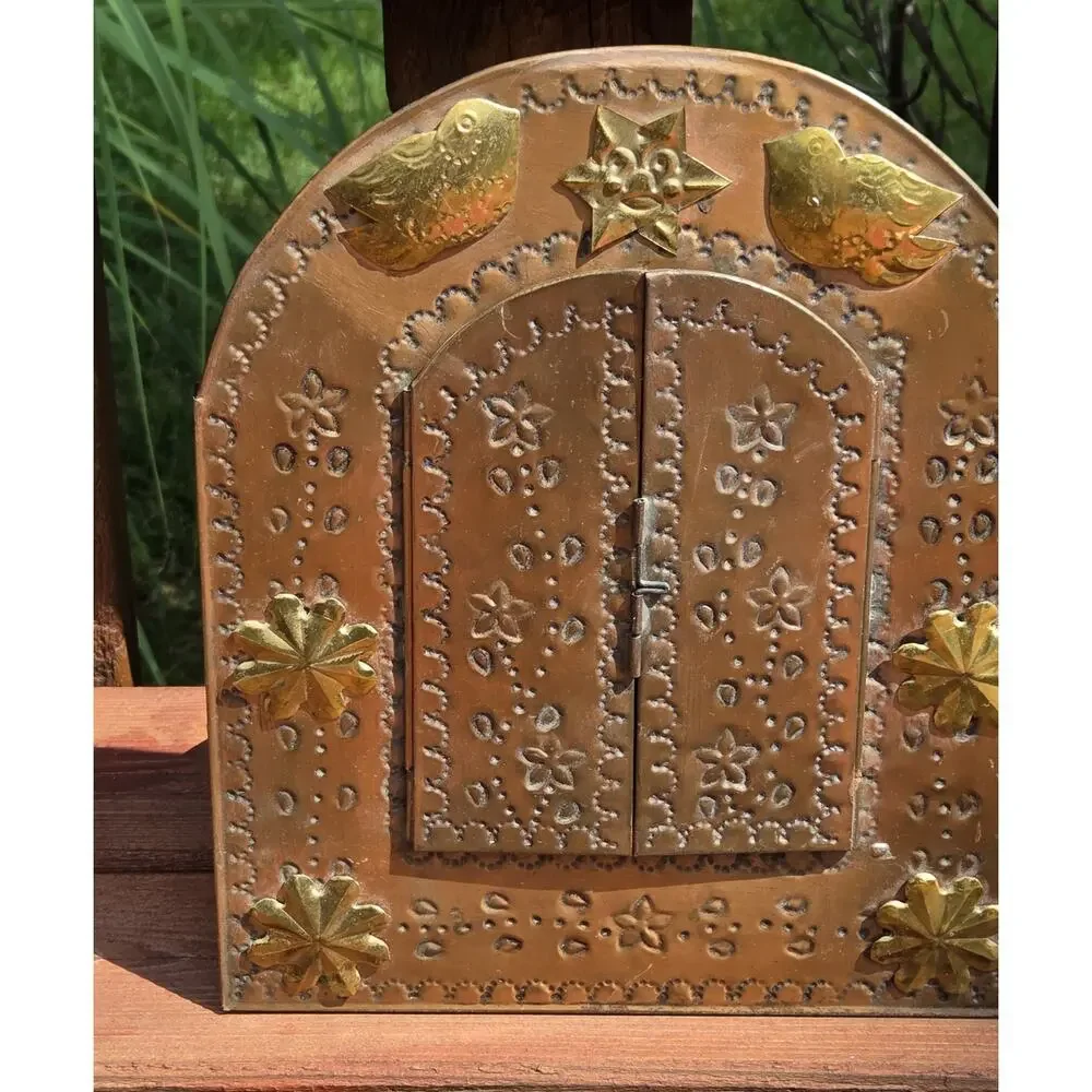 VTG Punched Tin Arched Wall Mirror Brass Birds Southwest Santa Fe Boho Folk Art